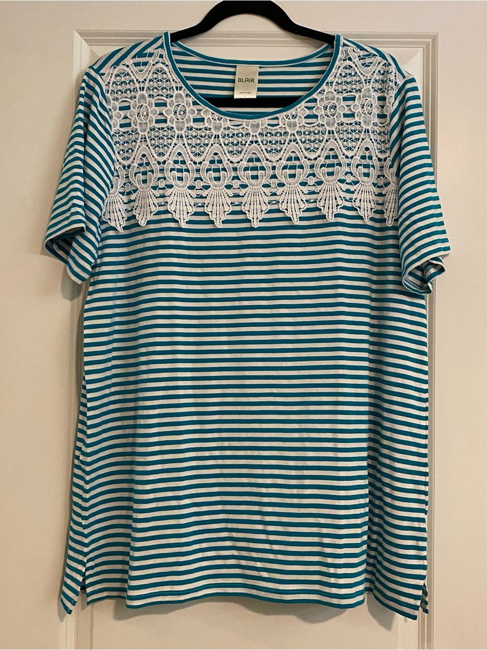 Blair Teal & White Striped Lace Yoke Tee